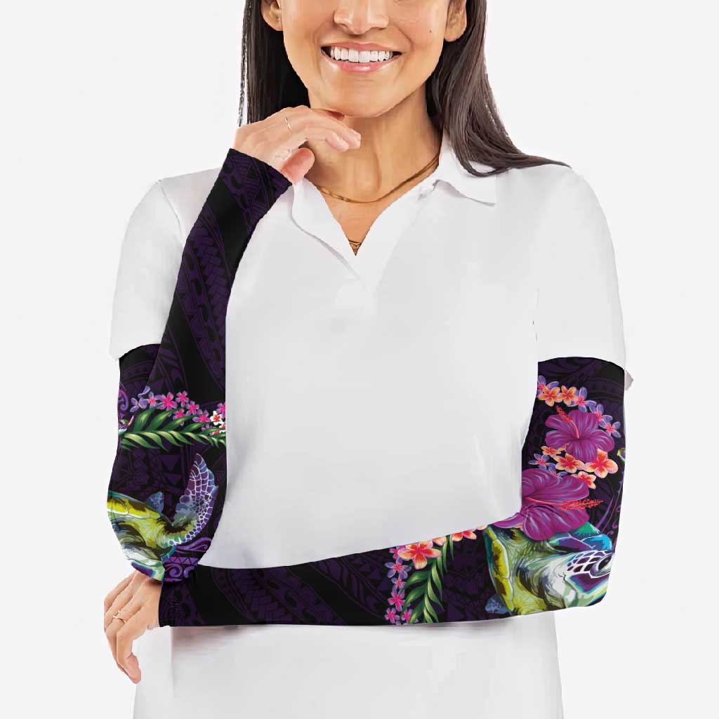 Hawaiian Plumeria and Hibiscus with Turtles Arm Sleeves Polynesian Art Purple Color - Polynesian Pride