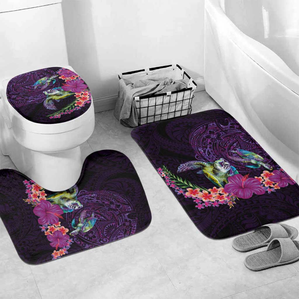 Hawaiian Plumeria and Hibiscus with Turtles Bathroom Set Polynesian Art Purple Color - Polynesian Pride