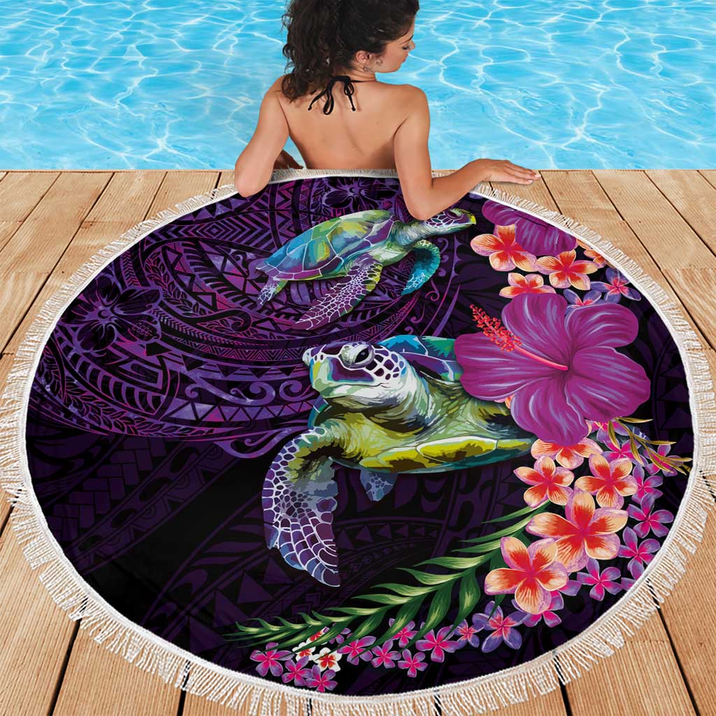 Hawaiian Plumeria and Hibiscus with Turtles Beach Blanket Polynesian Art Purple Color - Polynesian Pride