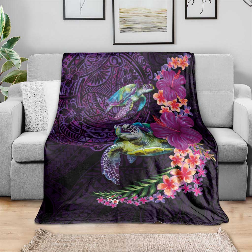Hawaiian Plumeria and Hibiscus with Turtles Blanket Polynesian Art Purple Color - Polynesian Pride