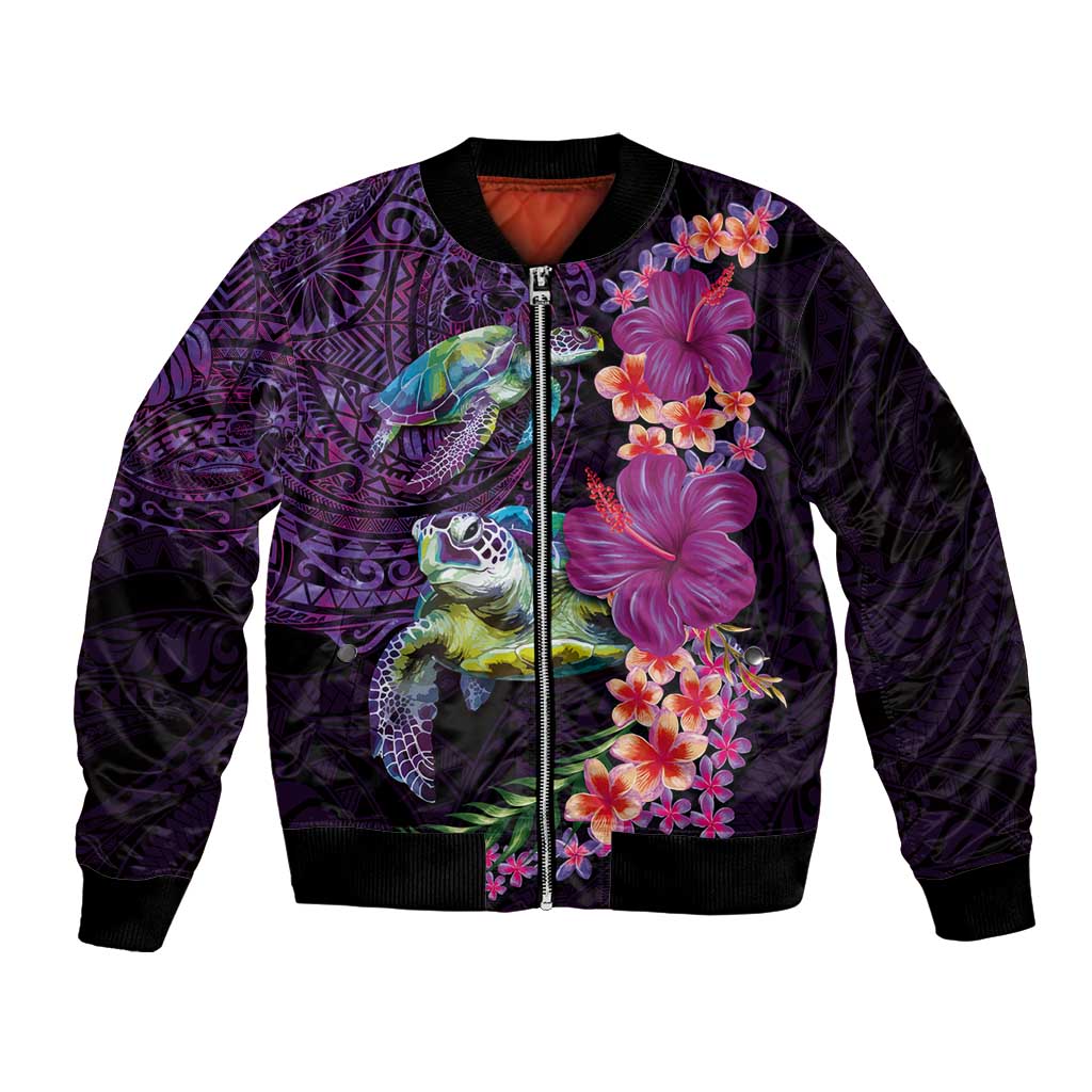 Hawaiian Plumeria and Hibiscus with Turtles Bomber Jacket Polynesian Art Purple Color - Polynesian Pride