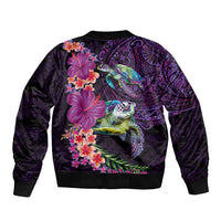 Hawaiian Plumeria and Hibiscus with Turtles Bomber Jacket Polynesian Art Purple Color - Polynesian Pride