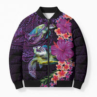Hawaiian Plumeria and Hibiscus with Turtles Bomber Puffer Jacket Polynesian Art Purple Color - Polynesian Pride