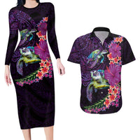 Hawaiian Plumeria and Hibiscus with Turtles Couples Matching Long Sleeve Bodycon Dress and Hawaiian Shirt Polynesian Art Purple Color LT03 Purple - Polynesian Pride