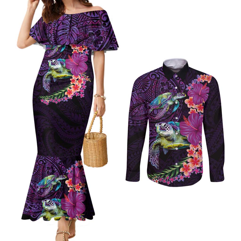 Hawaiian Plumeria and Hibiscus with Turtles Couples Matching Mermaid Dress and Long Sleeve Button Shirt Polynesian Art Purple Color - Polynesian Pride