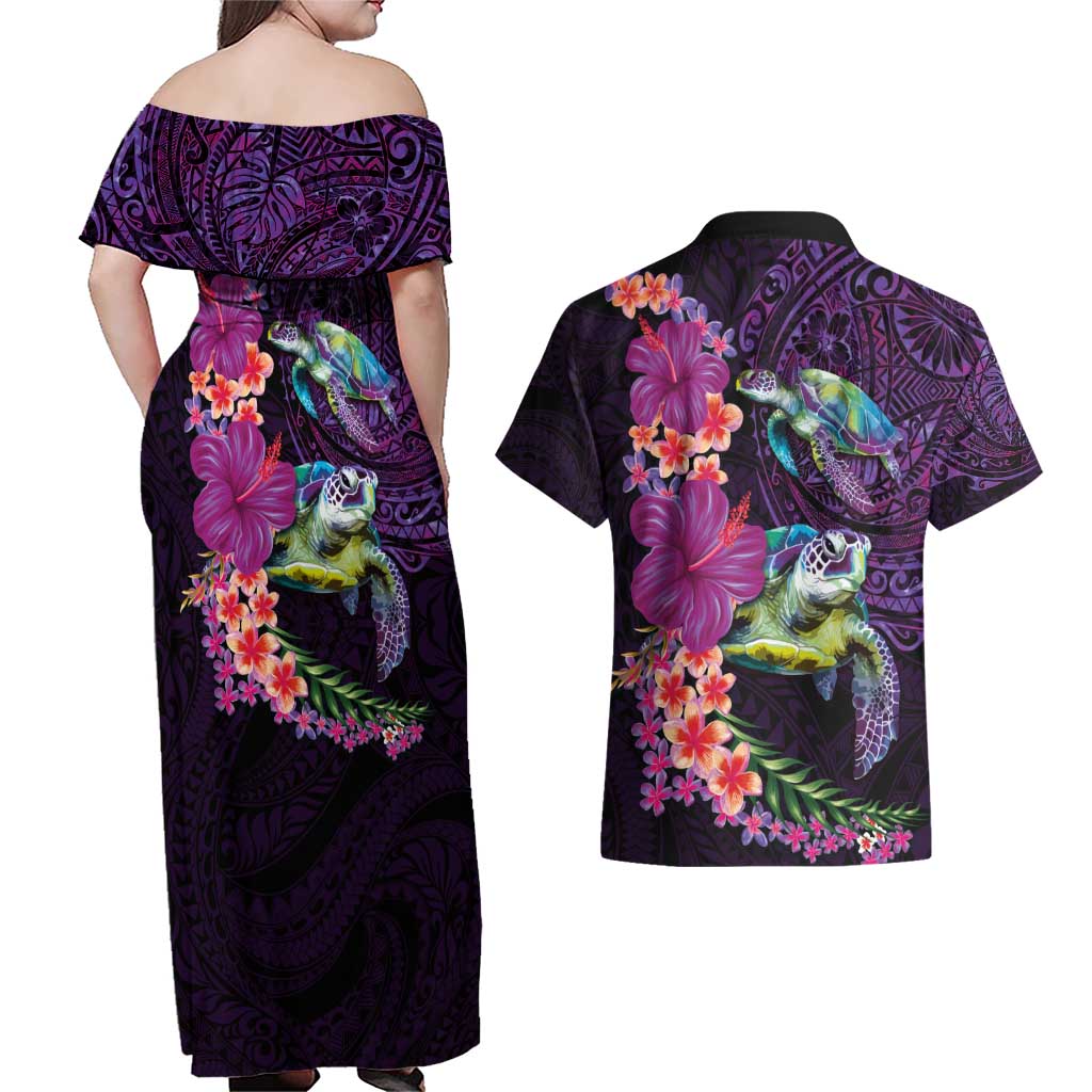 Hawaiian Plumeria and Hibiscus with Turtles Couples Matching Off Shoulder Maxi Dress and Hawaiian Shirt Polynesian Art Purple Color LT03 - Polynesian Pride