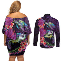 Hawaiian Plumeria and Hibiscus with Turtles Couples Matching Off Shoulder Short Dress and Long Sleeve Button Shirt Polynesian Art Purple Color - Polynesian Pride