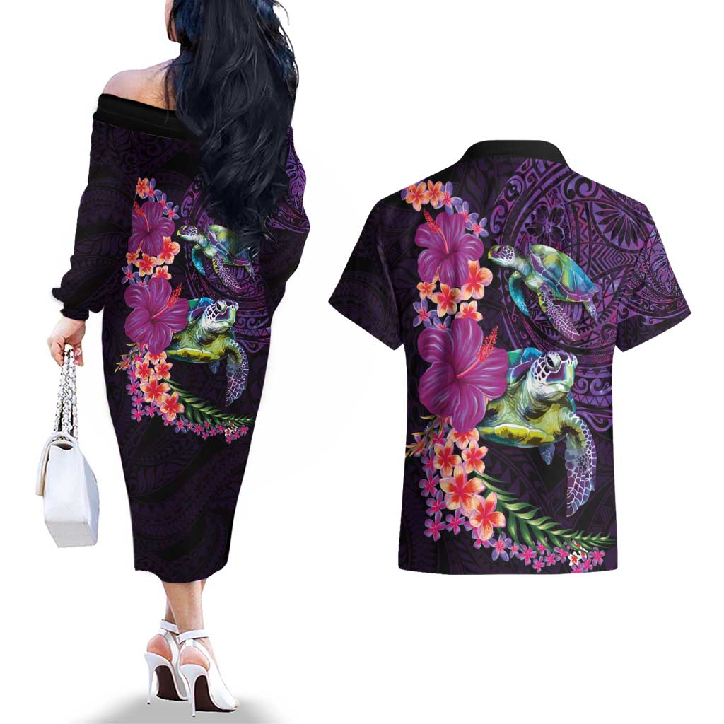 Hawaiian Plumeria and Hibiscus with Turtles Couples Matching Off The Shoulder Long Sleeve Dress and Hawaiian Shirt Polynesian Art Purple Color LT03 - Polynesian Pride