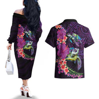 Hawaiian Plumeria and Hibiscus with Turtles Couples Matching Off The Shoulder Long Sleeve Dress and Hawaiian Shirt Polynesian Art Purple Color LT03 - Polynesian Pride