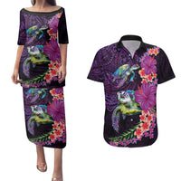 Hawaiian Plumeria and Hibiscus with Turtles Couples Matching Puletasi and Hawaiian Shirt Polynesian Art Purple Color LT03 Purple - Polynesian Pride