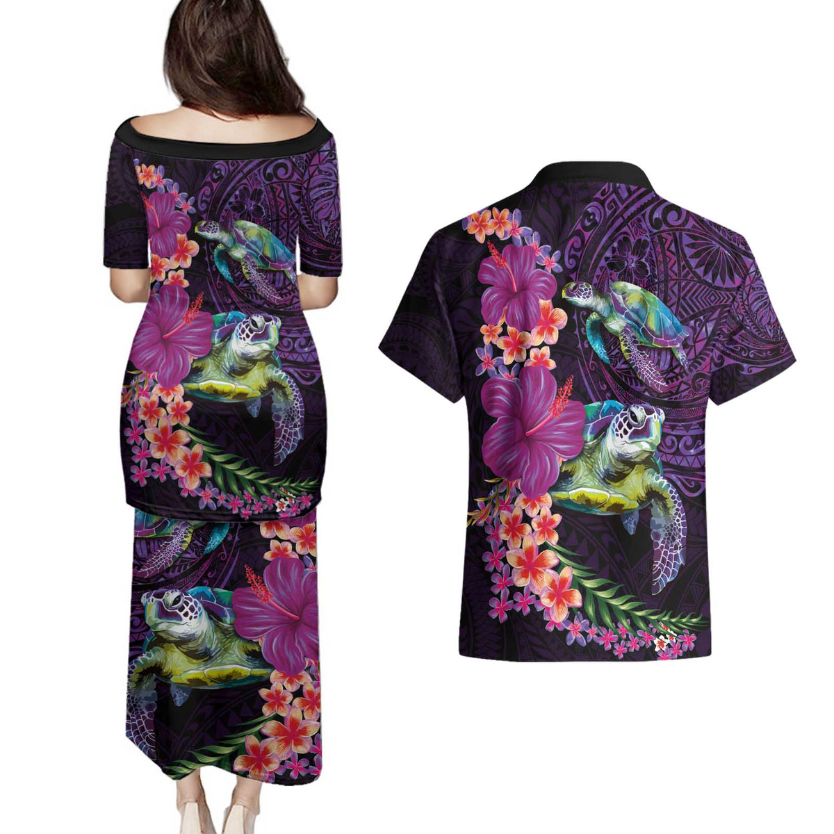 Hawaiian Plumeria and Hibiscus with Turtles Couples Matching Puletasi and Hawaiian Shirt Polynesian Art Purple Color LT03 - Polynesian Pride