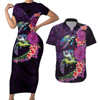 Hawaiian Plumeria and Hibiscus with Turtles Couples Matching Short Sleeve Bodycon Dress and Hawaiian Shirt Polynesian Art Purple Color LT03 Purple - Polynesian Pride