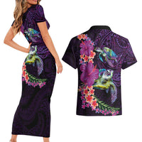 Hawaiian Plumeria and Hibiscus with Turtles Couples Matching Short Sleeve Bodycon Dress and Hawaiian Shirt Polynesian Art Purple Color LT03 - Polynesian Pride