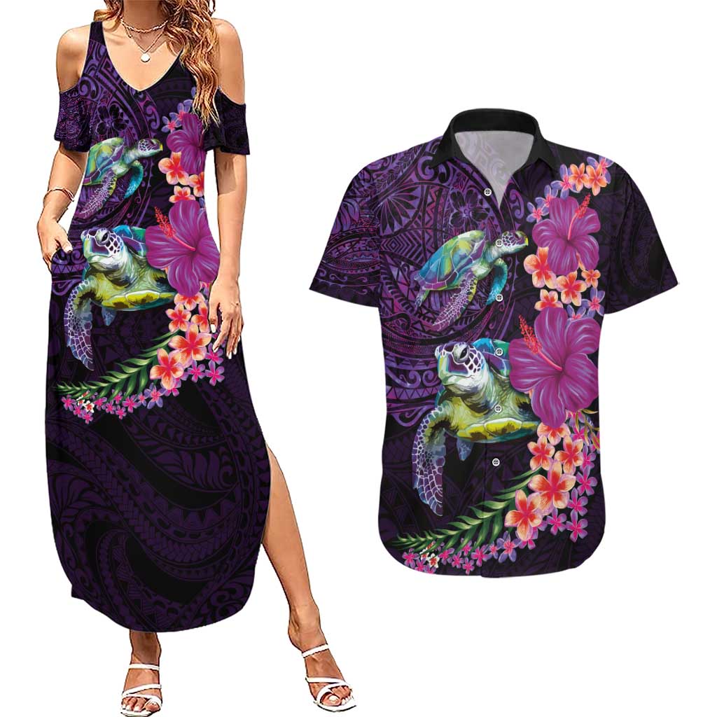 Hawaiian Plumeria and Hibiscus with Turtles Couples Matching Summer Maxi Dress and Hawaiian Shirt Polynesian Art Purple Color LT03 Purple - Polynesian Pride
