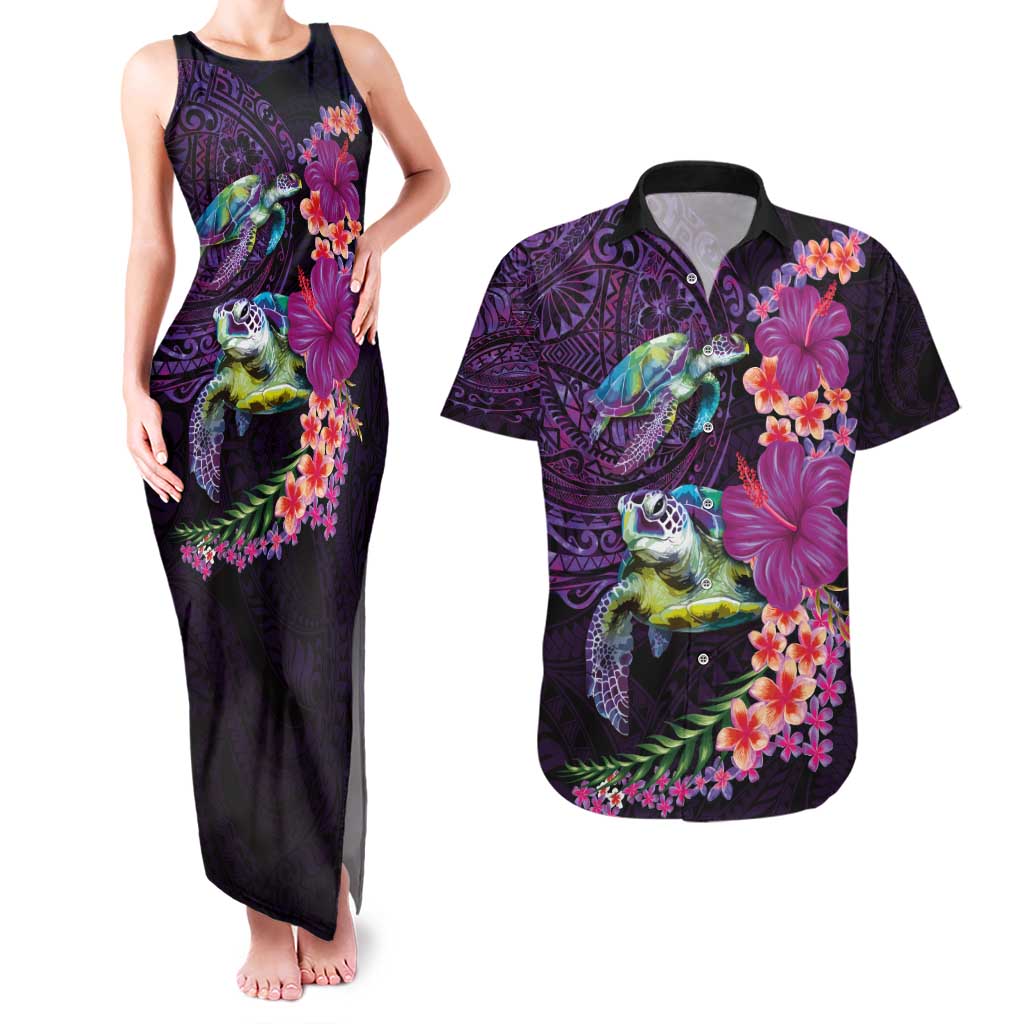 Hawaiian Plumeria and Hibiscus with Turtles Couples Matching Tank Maxi Dress and Hawaiian Shirt Polynesian Art Purple Color LT03 Purple - Polynesian Pride