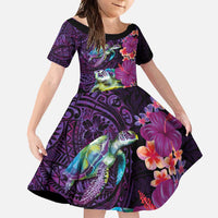 Hawaiian Plumeria and Hibiscus with Turtles Family Matching Long Sleeve Bodycon Dress and Hawaiian Shirt Polynesian Art Purple Color LT03 Daughter's Dress Purple - Polynesian Pride