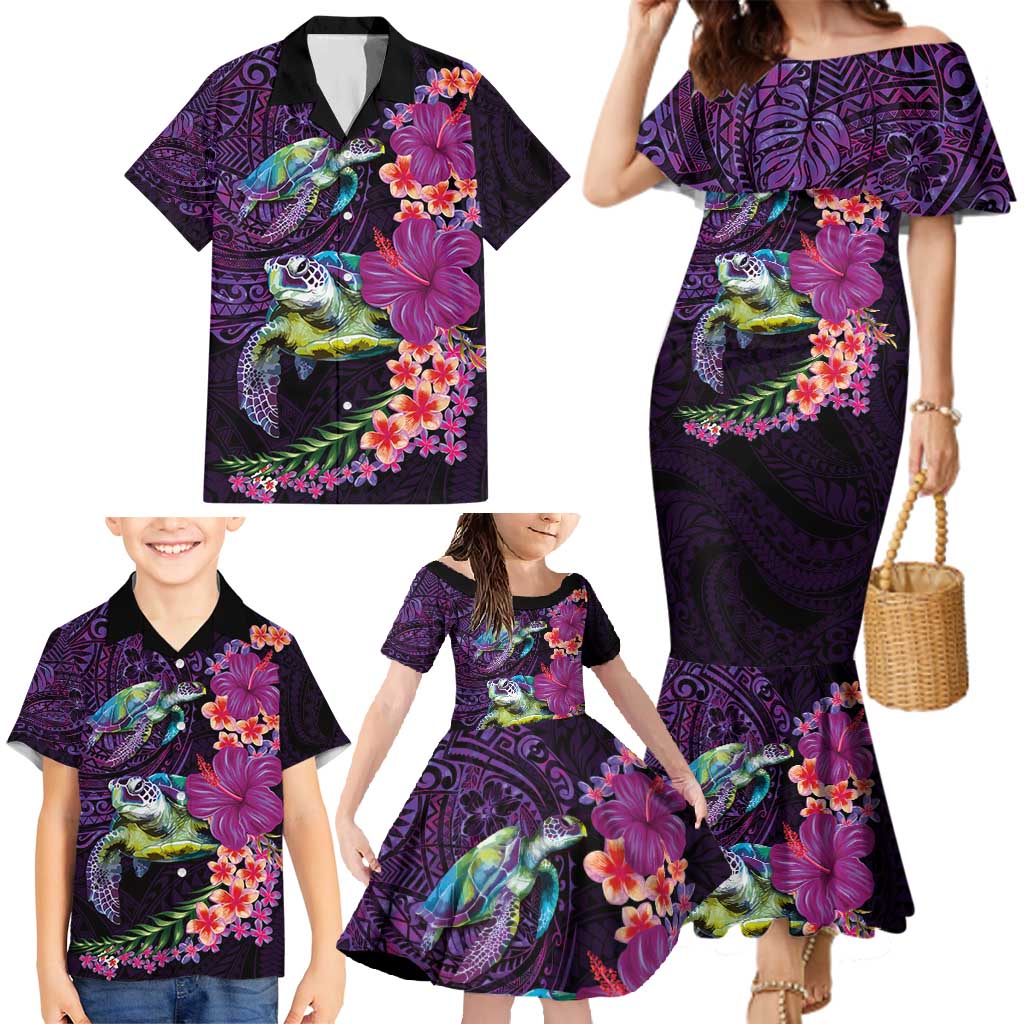 Hawaiian Plumeria and Hibiscus with Turtles Family Matching Mermaid Dress and Hawaiian Shirt Polynesian Art Purple Color LT03 - Polynesian Pride