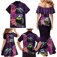 Hawaiian Plumeria and Hibiscus with Turtles Family Matching Mermaid Dress and Hawaiian Shirt Polynesian Art Purple Color LT03 - Polynesian Pride