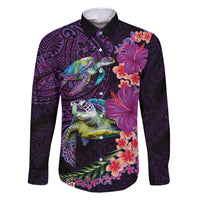 Hawaiian Plumeria and Hibiscus with Turtles Family Matching Mermaid Dress and Hawaiian Shirt Polynesian Art Purple Color LT03 Dad's Shirt - Long Sleeve Purple - Polynesian Pride
