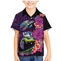Hawaiian Plumeria and Hibiscus with Turtles Family Matching Mermaid Dress and Hawaiian Shirt Polynesian Art Purple Color LT03 Son's Shirt Purple - Polynesian Pride