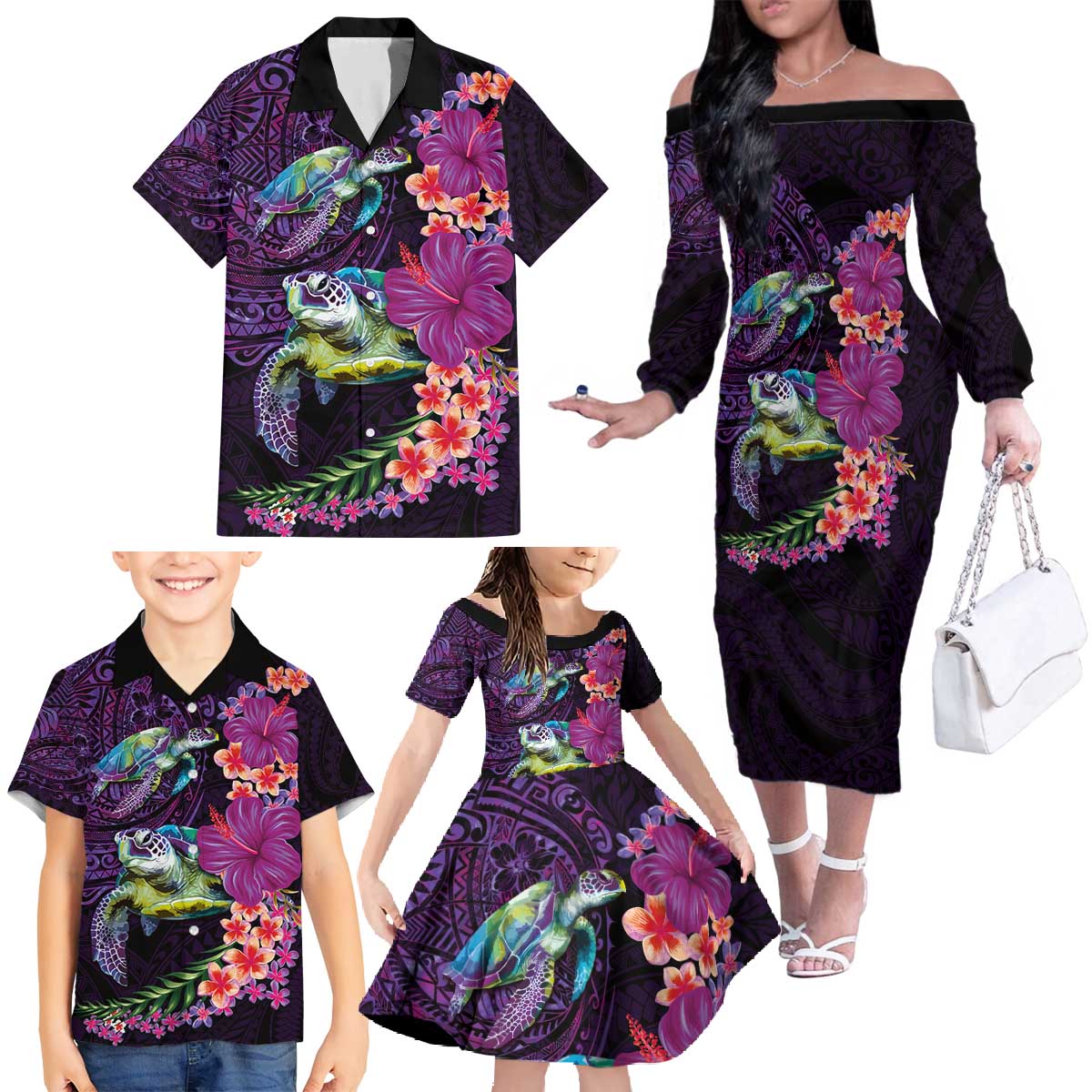 Hawaiian Plumeria and Hibiscus with Turtles Family Matching Off The Shoulder Long Sleeve Dress and Hawaiian Shirt Polynesian Art Purple Color LT03 - Polynesian Pride