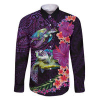 Hawaiian Plumeria and Hibiscus with Turtles Family Matching Off The Shoulder Long Sleeve Dress and Hawaiian Shirt Polynesian Art Purple Color LT03 Dad's Shirt - Long Sleeve Purple - Polynesian Pride