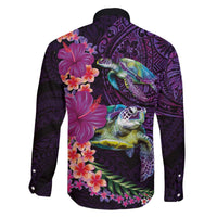 Hawaiian Plumeria and Hibiscus with Turtles Family Matching Off The Shoulder Long Sleeve Dress and Hawaiian Shirt Polynesian Art Purple Color LT03 - Polynesian Pride