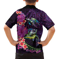 Hawaiian Plumeria and Hibiscus with Turtles Family Matching Off Shoulder Maxi Dress and Hawaiian Shirt Polynesian Art Purple Color LT03 - Polynesian Pride