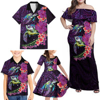 Hawaiian Plumeria and Hibiscus with Turtles Family Matching Off Shoulder Maxi Dress and Hawaiian Shirt Polynesian Art Purple Color LT03 - Polynesian Pride