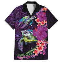 Hawaiian Plumeria and Hibiscus with Turtles Family Matching Off Shoulder Maxi Dress and Hawaiian Shirt Polynesian Art Purple Color LT03 Dad's Shirt - Short Sleeve Purple - Polynesian Pride