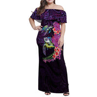 Hawaiian Plumeria and Hibiscus with Turtles Family Matching Off Shoulder Maxi Dress and Hawaiian Shirt Polynesian Art Purple Color LT03 Mom's Dress Purple - Polynesian Pride