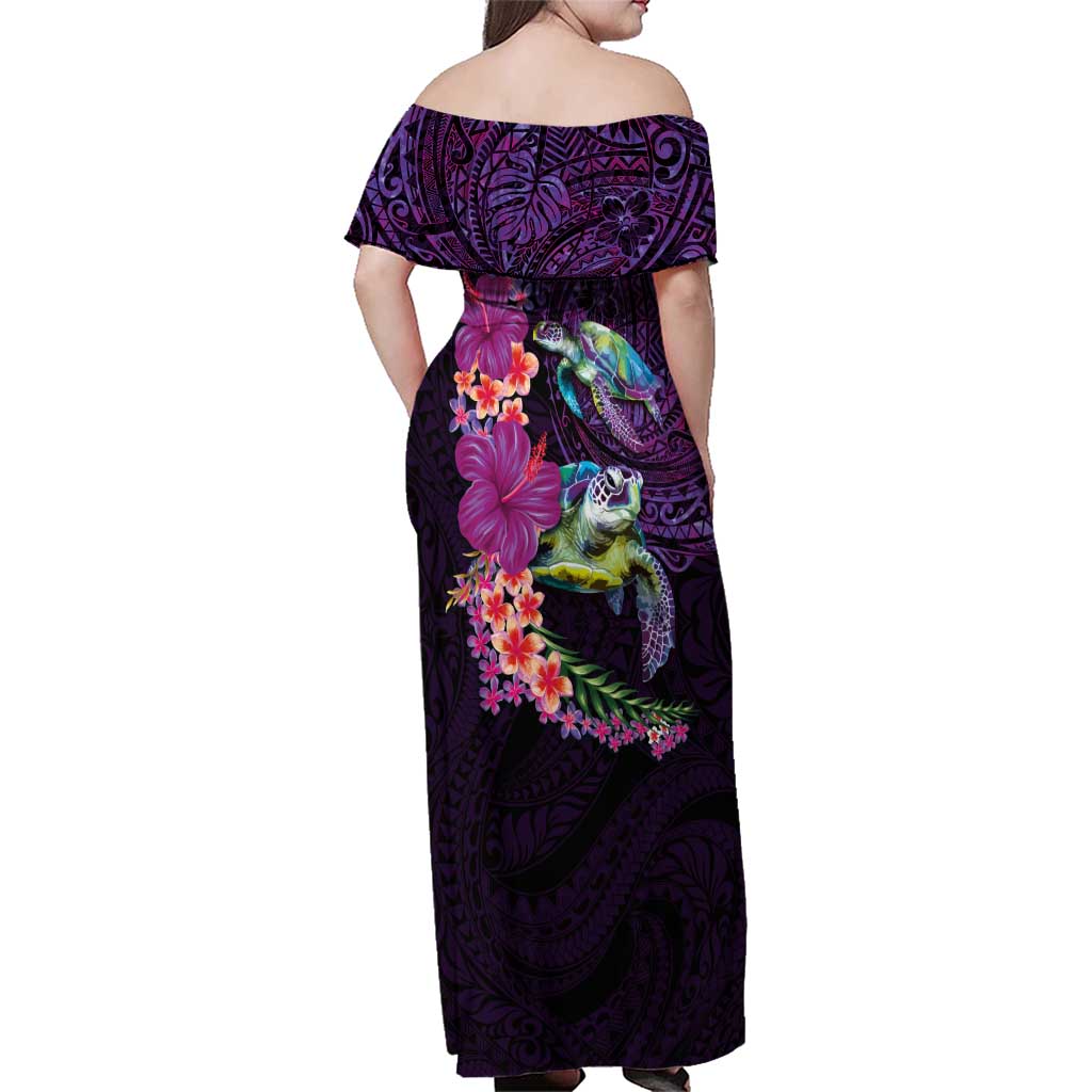 Hawaiian Plumeria and Hibiscus with Turtles Family Matching Off Shoulder Maxi Dress and Hawaiian Shirt Polynesian Art Purple Color LT03 - Polynesian Pride