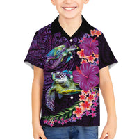 Hawaiian Plumeria and Hibiscus with Turtles Family Matching Off Shoulder Maxi Dress and Hawaiian Shirt Polynesian Art Purple Color LT03 Son's Shirt Purple - Polynesian Pride