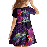 Hawaiian Plumeria and Hibiscus with Turtles Family Matching Off Shoulder Short Dress and Hawaiian Shirt Polynesian Art Purple Color LT03 - Polynesian Pride