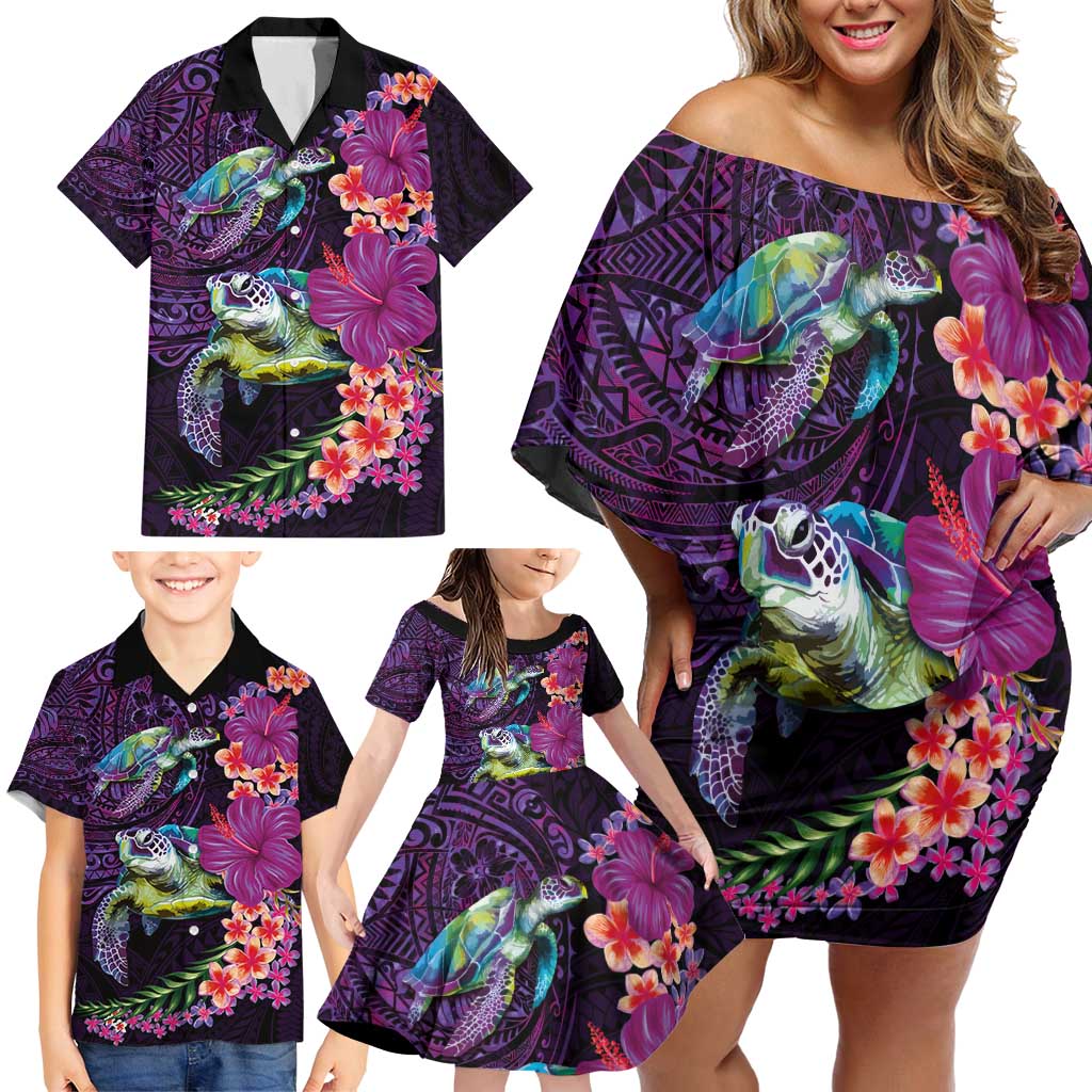 Hawaiian Plumeria and Hibiscus with Turtles Family Matching Off Shoulder Short Dress and Hawaiian Shirt Polynesian Art Purple Color LT03 - Polynesian Pride
