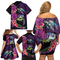 Hawaiian Plumeria and Hibiscus with Turtles Family Matching Off Shoulder Short Dress and Hawaiian Shirt Polynesian Art Purple Color LT03 - Polynesian Pride