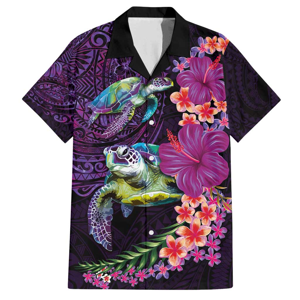 Hawaiian Plumeria and Hibiscus with Turtles Family Matching Puletasi and Hawaiian Shirt Polynesian Art Purple Color LT03 Dad's Shirt - Short Sleeve Purple - Polynesian Pride