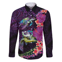 Hawaiian Plumeria and Hibiscus with Turtles Family Matching Puletasi and Hawaiian Shirt Polynesian Art Purple Color LT03 Dad's Shirt - Long Sleeve Purple - Polynesian Pride