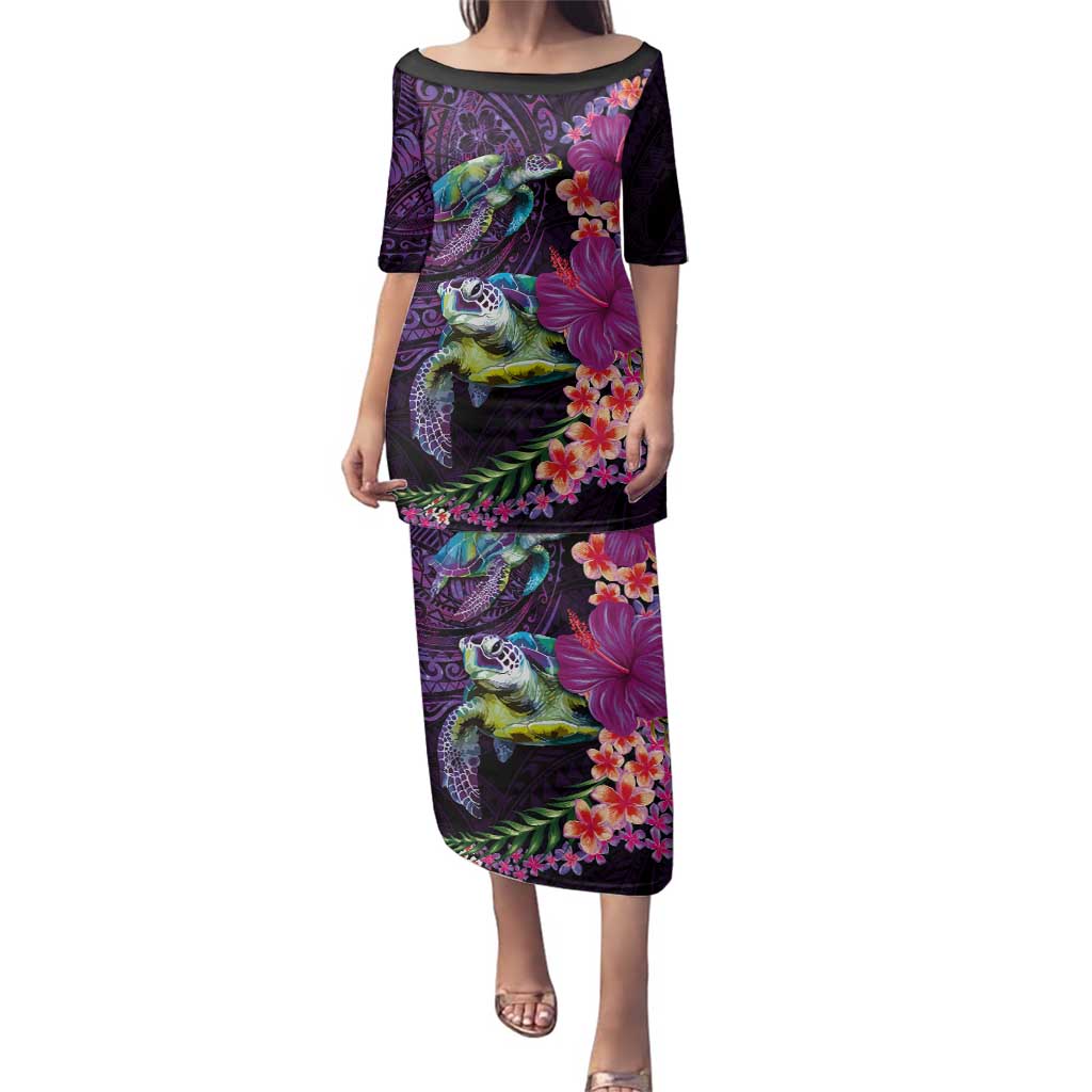 Hawaiian Plumeria and Hibiscus with Turtles Family Matching Puletasi and Hawaiian Shirt Polynesian Art Purple Color LT03 Mom's Dress Purple - Polynesian Pride