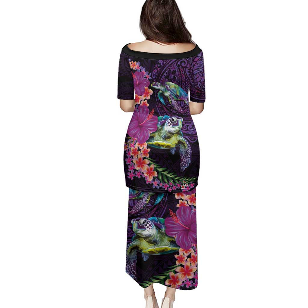 Hawaiian Plumeria and Hibiscus with Turtles Family Matching Puletasi and Hawaiian Shirt Polynesian Art Purple Color LT03 - Polynesian Pride
