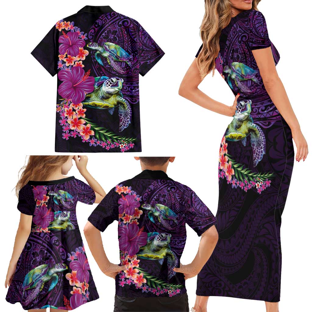 Hawaiian Plumeria and Hibiscus with Turtles Family Matching Short Sleeve Bodycon Dress and Hawaiian Shirt Polynesian Art Purple Color LT03 - Polynesian Pride