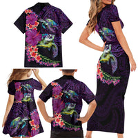 Hawaiian Plumeria and Hibiscus with Turtles Family Matching Short Sleeve Bodycon Dress and Hawaiian Shirt Polynesian Art Purple Color LT03 - Polynesian Pride