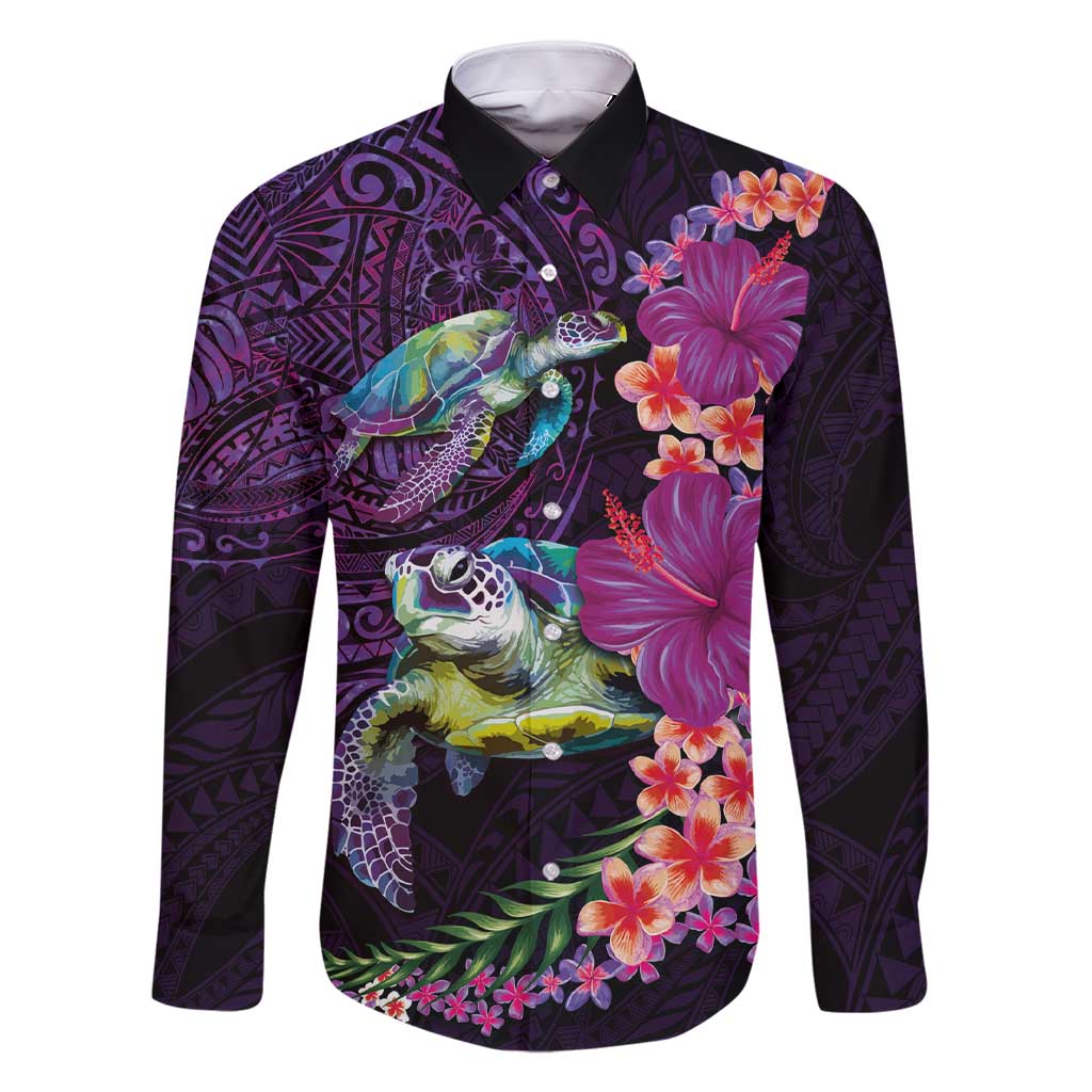Hawaiian Plumeria and Hibiscus with Turtles Family Matching Short Sleeve Bodycon Dress and Hawaiian Shirt Polynesian Art Purple Color LT03 Dad's Shirt - Long Sleeve Purple - Polynesian Pride