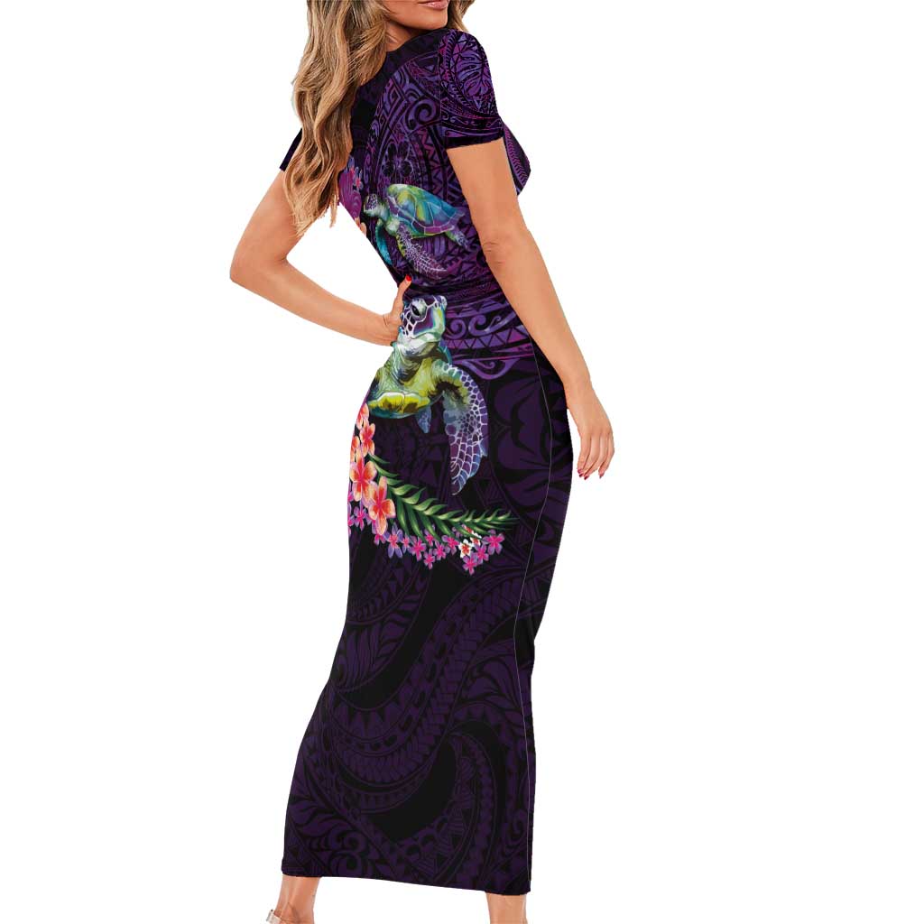 Hawaiian Plumeria and Hibiscus with Turtles Family Matching Short Sleeve Bodycon Dress and Hawaiian Shirt Polynesian Art Purple Color LT03 - Polynesian Pride