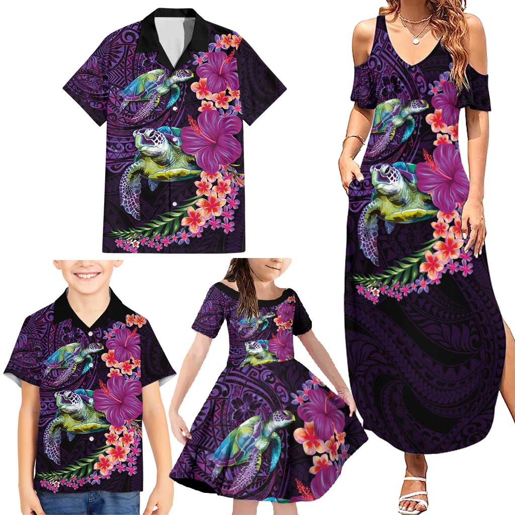 Hawaiian Plumeria and Hibiscus with Turtles Family Matching Summer Maxi Dress and Hawaiian Shirt Polynesian Art Purple Color LT03 - Polynesian Pride