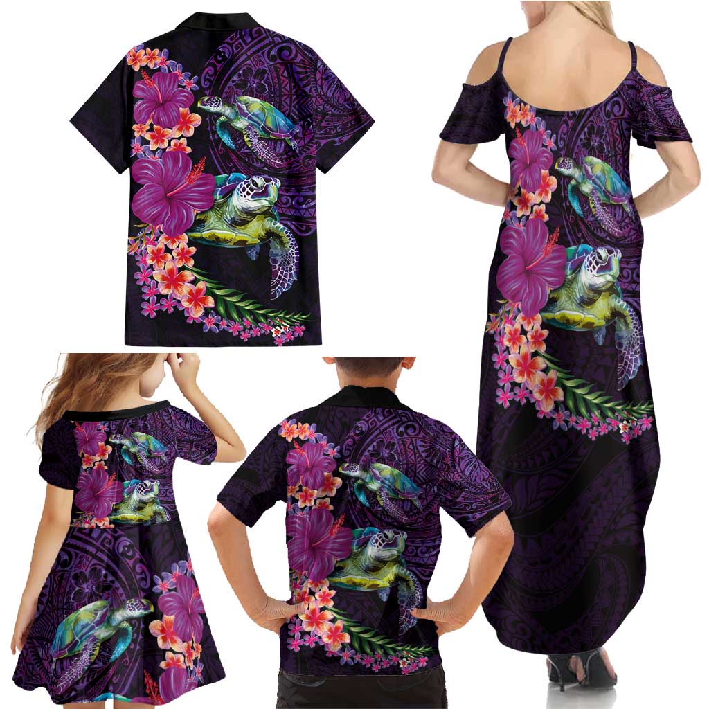 Hawaiian Plumeria and Hibiscus with Turtles Family Matching Summer Maxi Dress and Hawaiian Shirt Polynesian Art Purple Color LT03 - Polynesian Pride