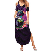 Hawaiian Plumeria and Hibiscus with Turtles Family Matching Summer Maxi Dress and Hawaiian Shirt Polynesian Art Purple Color LT03 Mom's Dress Purple - Polynesian Pride