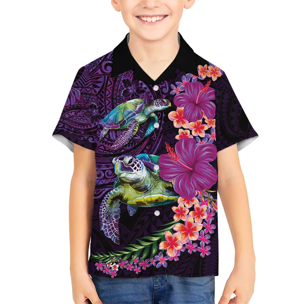 Hawaiian Plumeria and Hibiscus with Turtles Family Matching Summer Maxi Dress and Hawaiian Shirt Polynesian Art Purple Color LT03 Son's Shirt Purple - Polynesian Pride