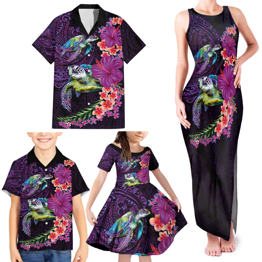 Hawaiian Plumeria and Hibiscus with Turtles Family Matching Tank Maxi Dress and Hawaiian Shirt Polynesian Art Purple Color LT03 - Polynesian Pride