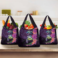 Hawaiian Plumeria and Hibiscus with Turtles Grocery Bag Polynesian Art Purple Color - Polynesian Pride